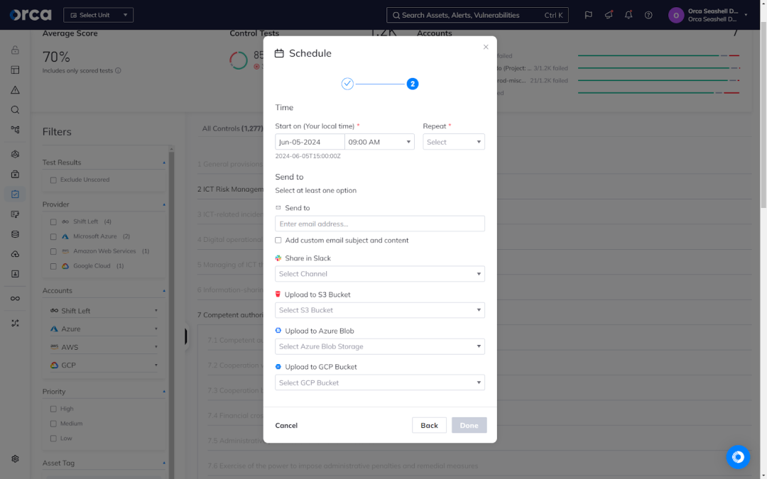 An example of Orca Security's downloadable reports featuring multiple formats and report scheduling