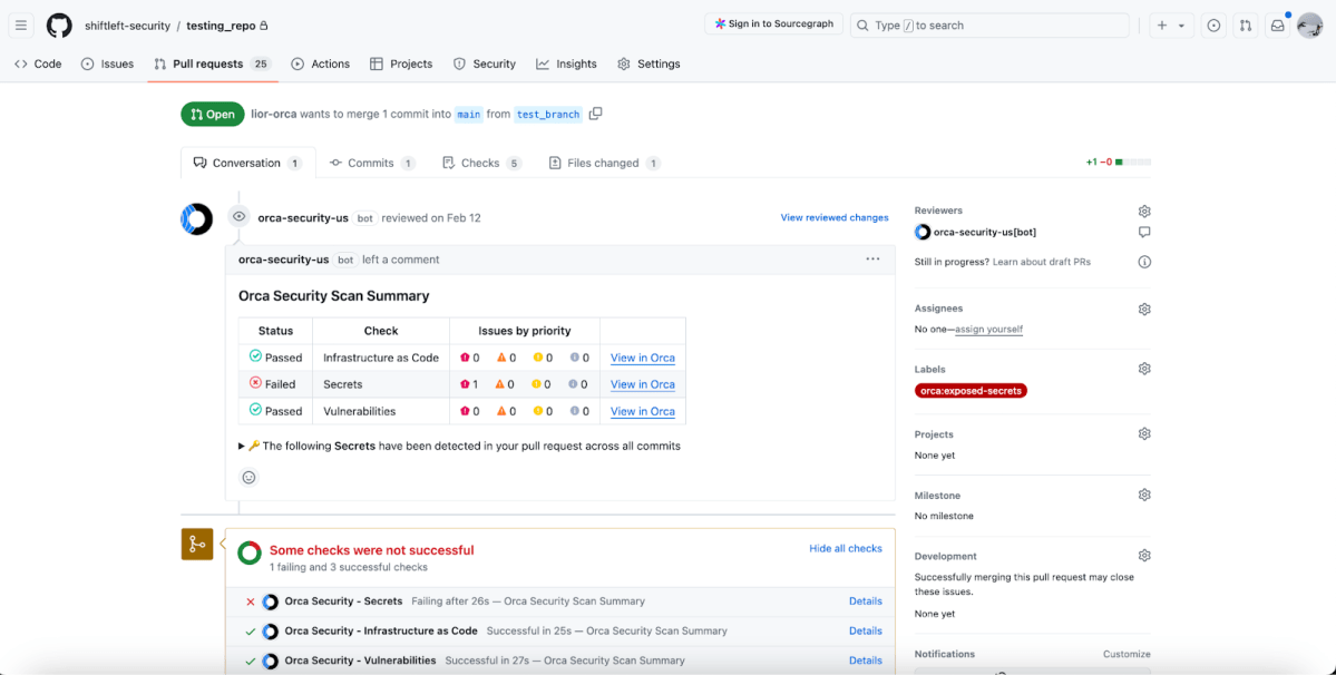 GitHub Platform repository showing results of Orca Cloud Secuirty scan