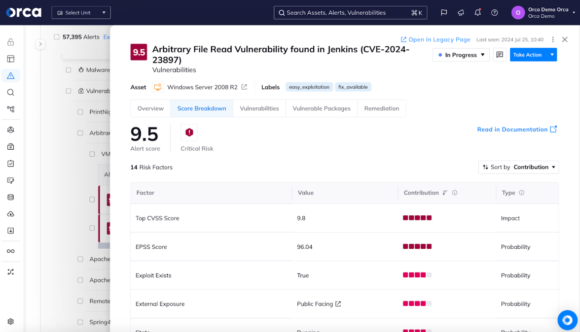 Orca Cloud Security Platform Risk Scoring Module displaying Critical Vulnerability