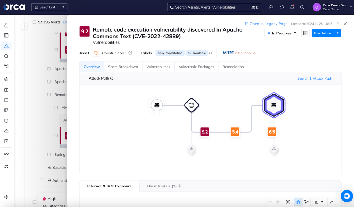 Orca Cloud Security Platform Attack Path module showing risk context in interactive graph