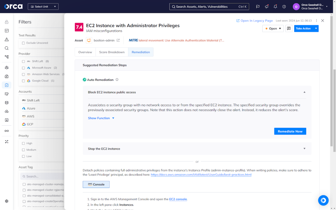 An example of Orca's alerts featuring an IAM misconfiguration and remediation steps