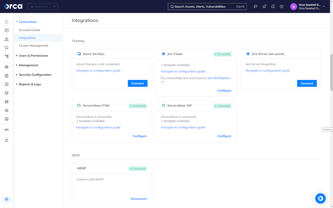 Orca's Cloud Security Platform's technical integrations including Azure, Jira, and ServiceNow