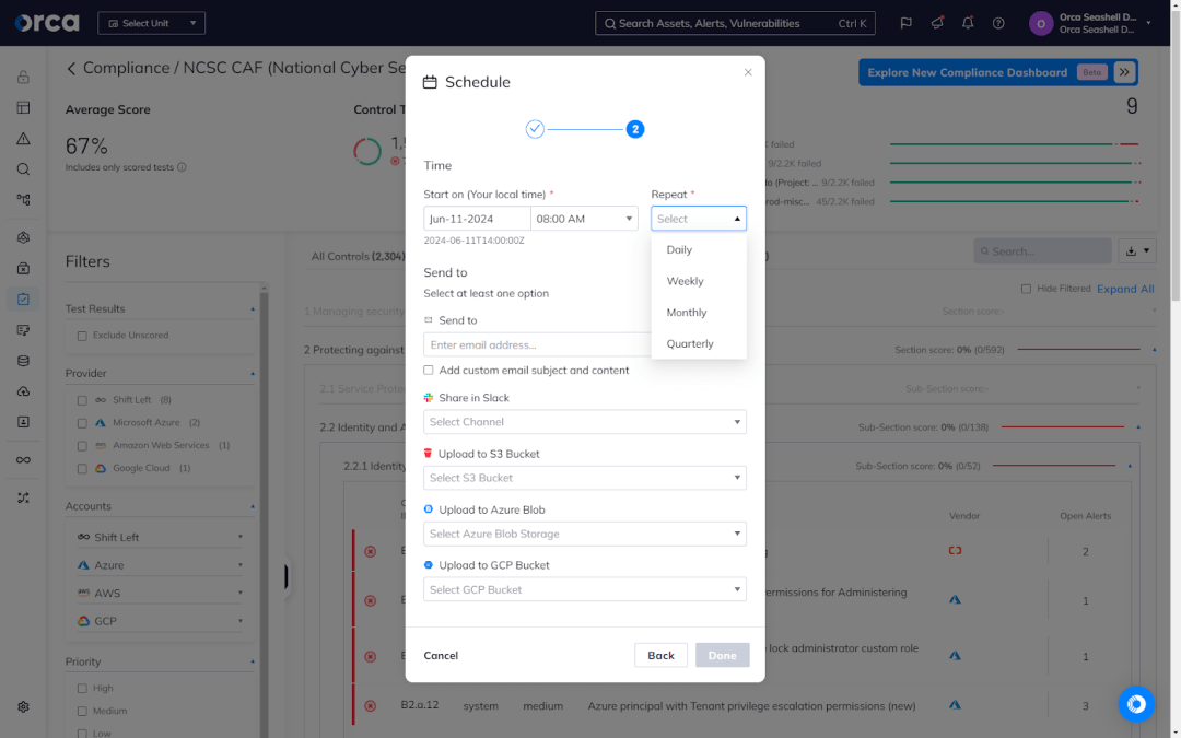 Orca compliance reporting dashboard. Schedule and send reports in PDF, CSV, or JSON to email, Slack, or cloud storage.