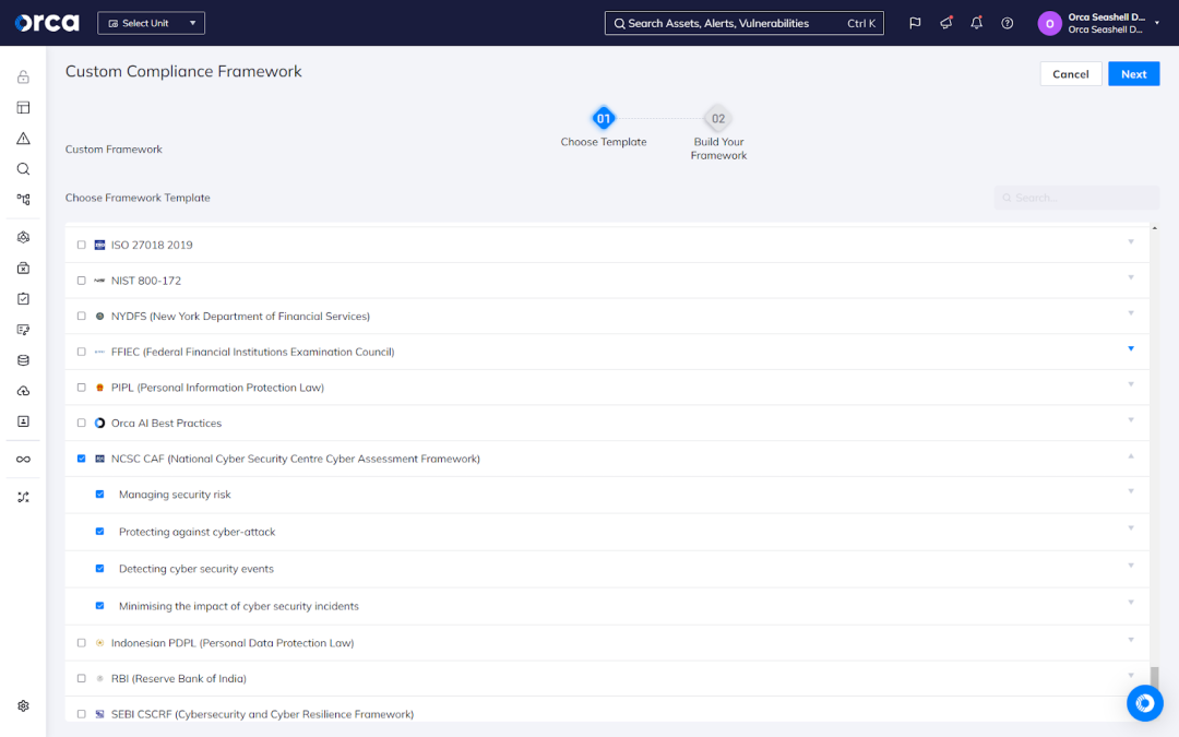 Orca Custom Compliance Framework builder. Create or customize compliance frameworks to meet your organization's needs.