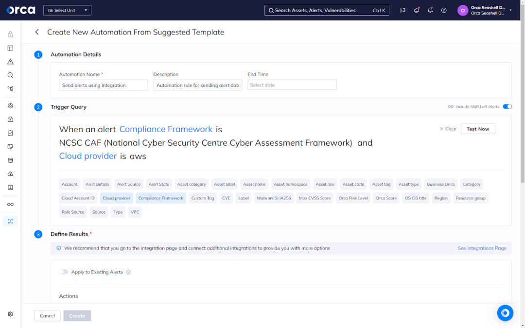 Orca Automations dashboard. Set up rules to automate compliance tasks and streamline security workflows.