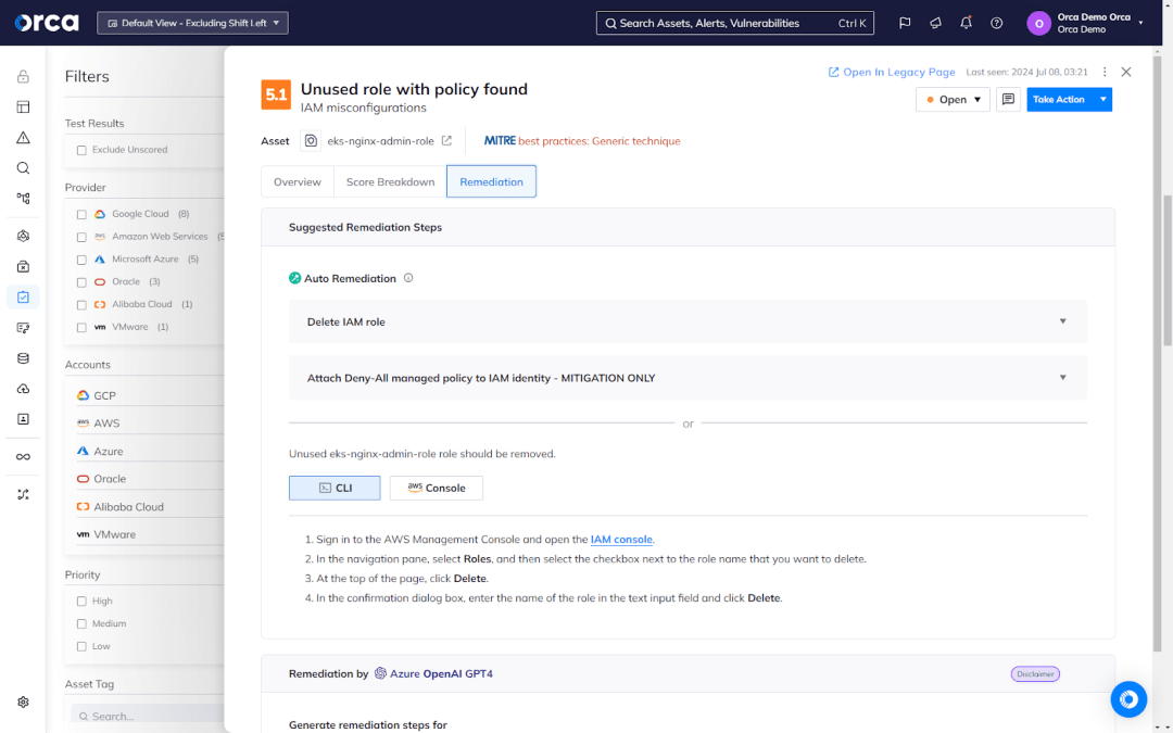 IAM Misconfiguration Remediation Options inside Orca Platform