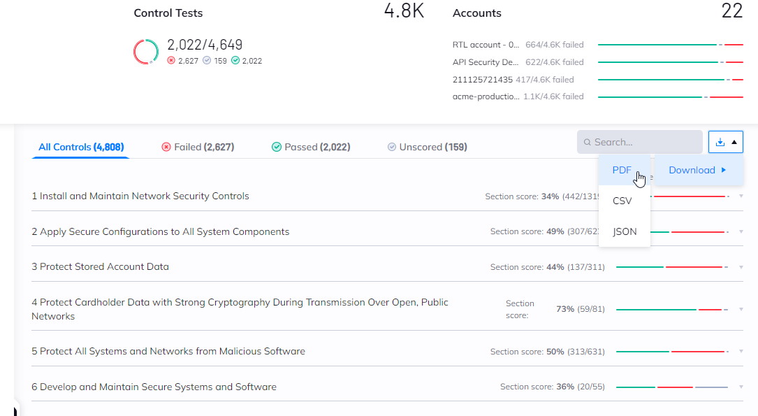 Exporting compliance report from Orca Cloud Securty platform