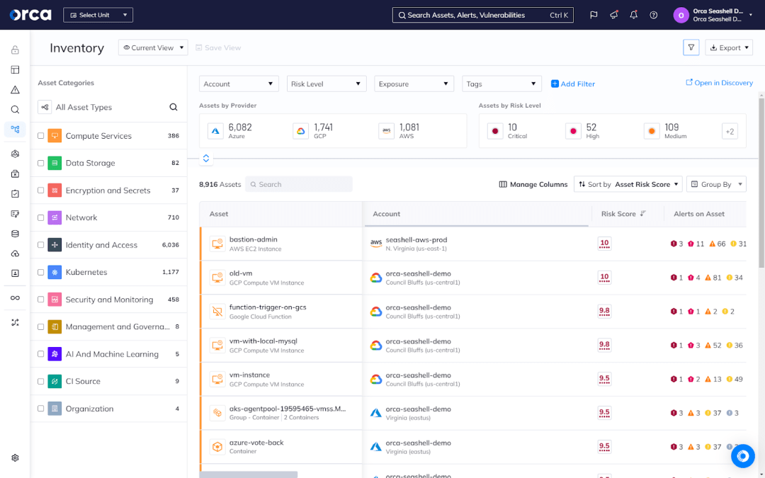 Orca's Inventory dashboard featuring cloud assets