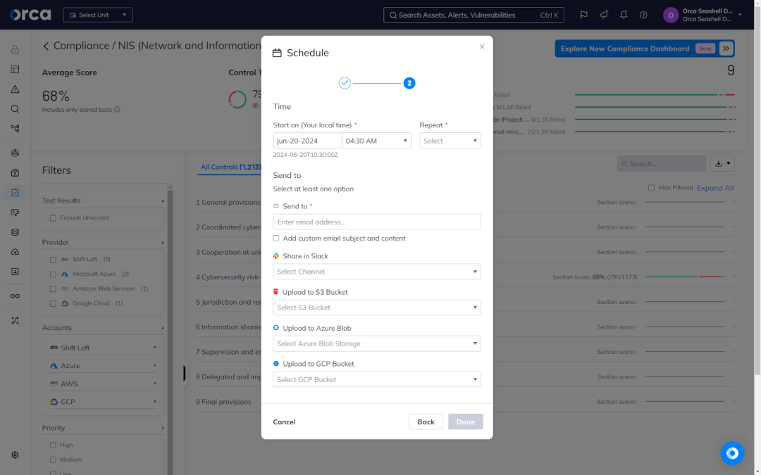 Orca's compliance reporting with multiple options for downloading and sending reports, whether ad hoc or recurring