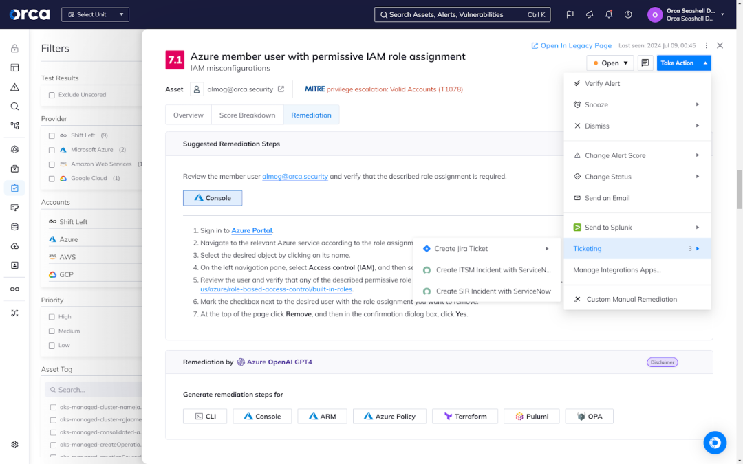 Orca's Filter dashboard featuring an Azure member user with permissive IAM role assignment and IAM misconfigurations