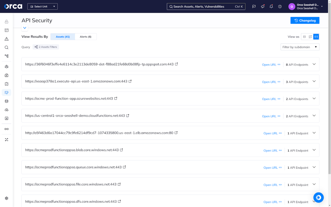 Orca Security's API Security dashboard displaying API endpoints in a complete inventory view