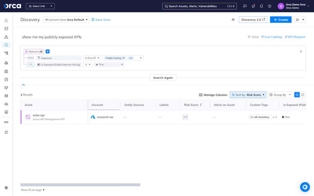 Orca Security's Discovery dashboard showing publicly exposed risks