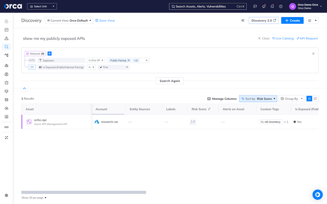 Orca Security's Discovery dashboard showing publicly exposed risks 