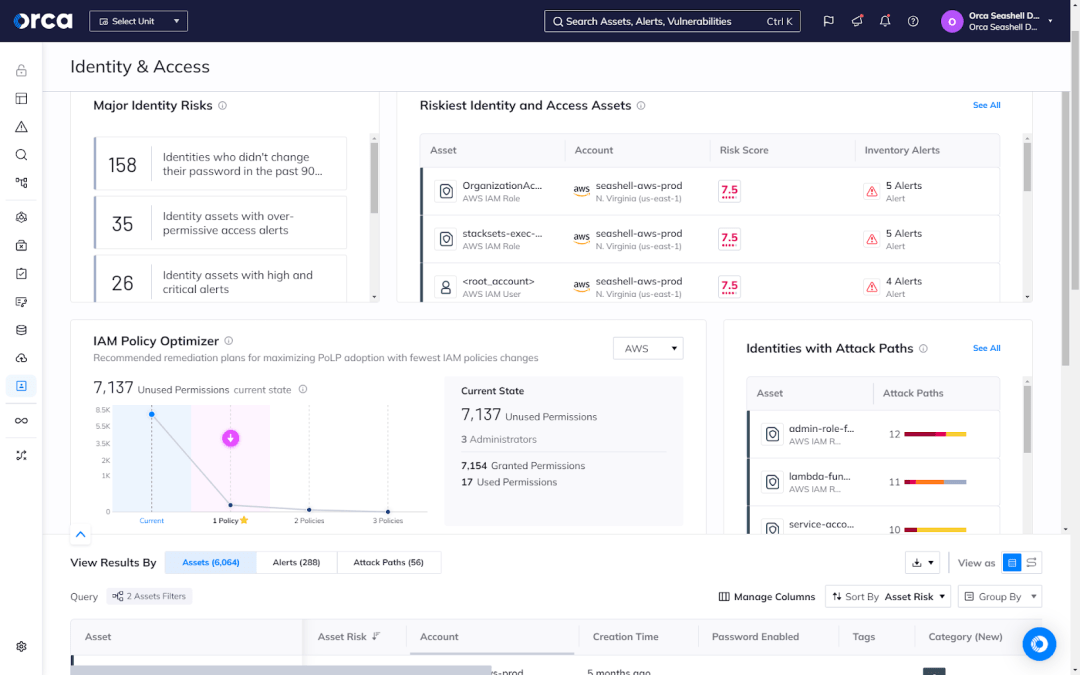 Orca’s Identity & Access dashboard providing convenient, centralized access to prioritized risks and assets