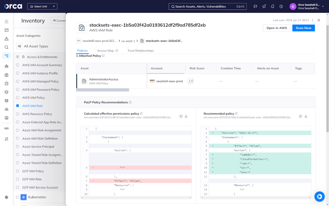 Orca's dashboard automatically presenting PoLP policy recommendations for over-permissioned roles