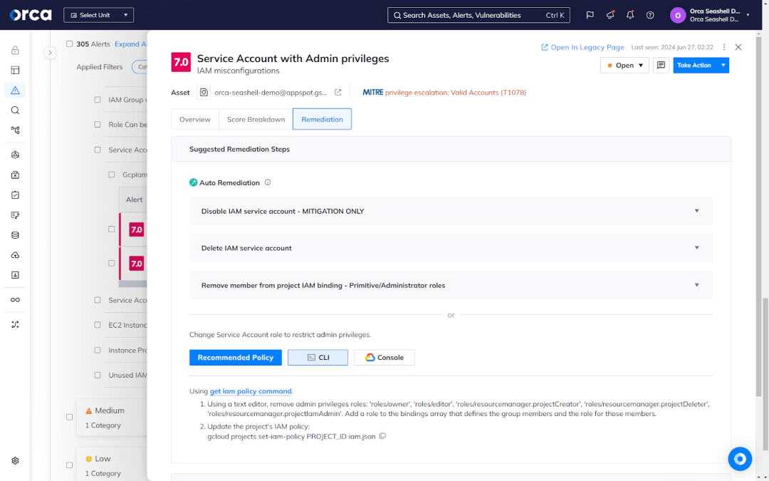 Orca's dashboard providing multiple remediation options, including the ability to auto-remediate IAM risks