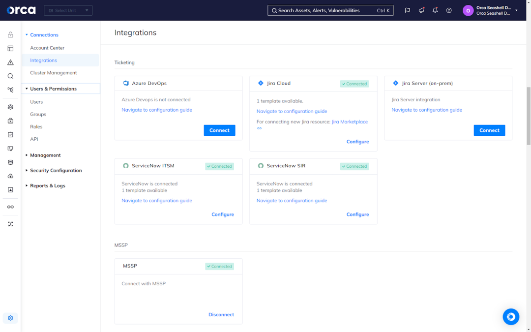 An example of Orca’s CIEM capabilities integrating with more than 50+ technical applications, including ticketing systems, SIEM/SOAR solutions, and productivity applications