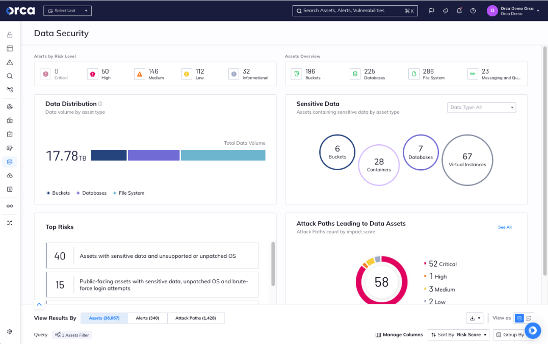 The Orca DSPM dashboard provides key insights into your data security posture