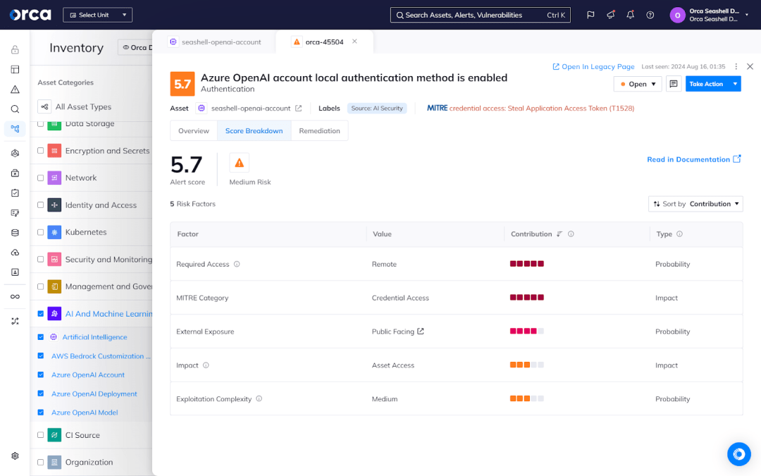A screenshot of Orca's dashboard dynamically scoring each risk considering multiple factors and continually updating this score as conditions change