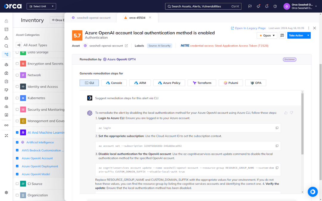 A screenshot of Orca's dashboard offering suggested remediation steps as well as AI-driven remediation leveraging a preferred CSP AI service