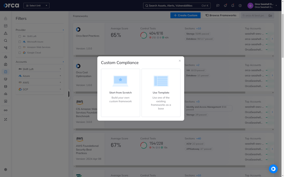 A screenshot of Orca's dashboard enabling teams to customize compliance frameworks using Orca’s 150 plus out-of-the-box templates