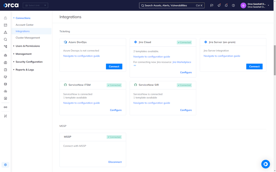 A screenshot of Orca's Integrations dashboard offering more than 50 technical integrations with ticketing, productivity, communication, and security tools
