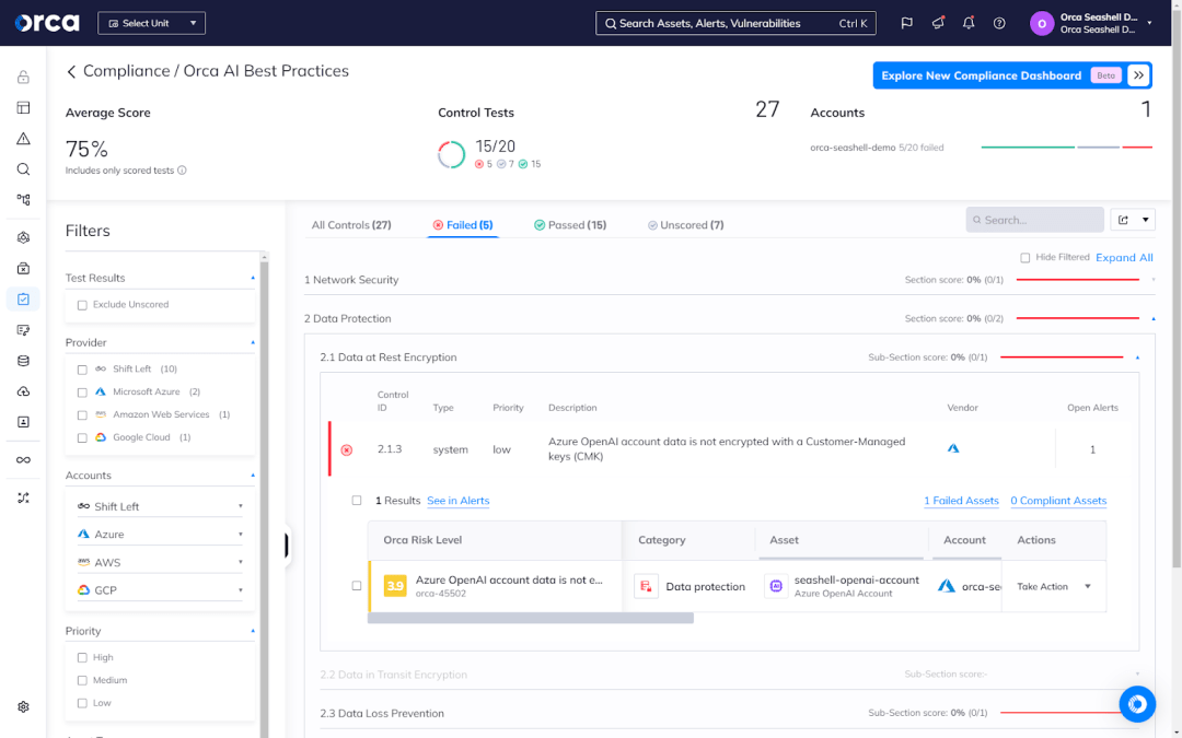 A screenshot of Orca's AI Best Practices compliance framework enabling teams to properly configure AI security settings, including for network security, data protection, access controls, and IAM