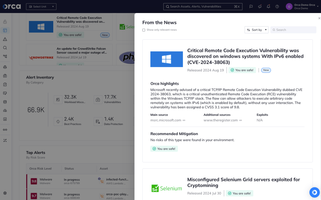 A screenshot of the Orca Platform automatically alerting you to any vulnerable Windows systems