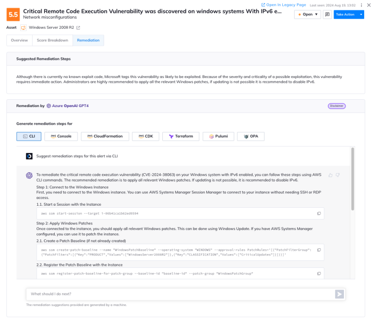 A screenshot of Orca’s built-in AI engine that allows you to generate remediation code and steps