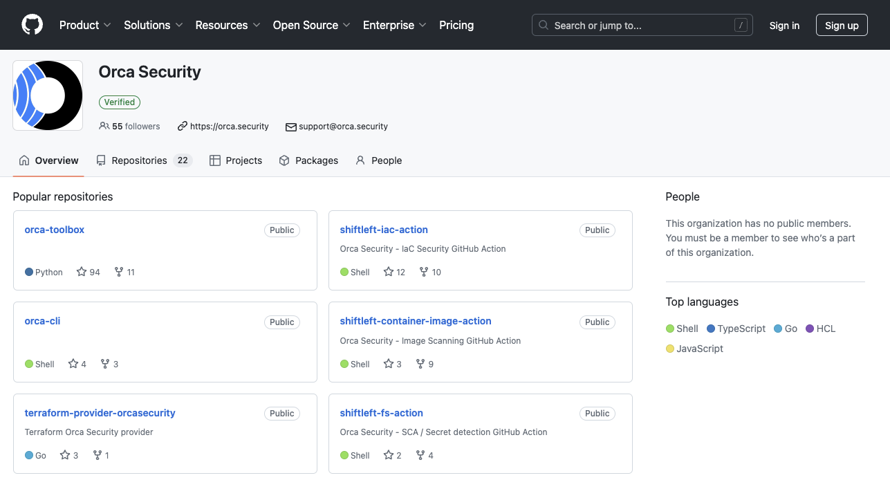 A screenshot of the Orca Security Github page showing some of our public open source projects