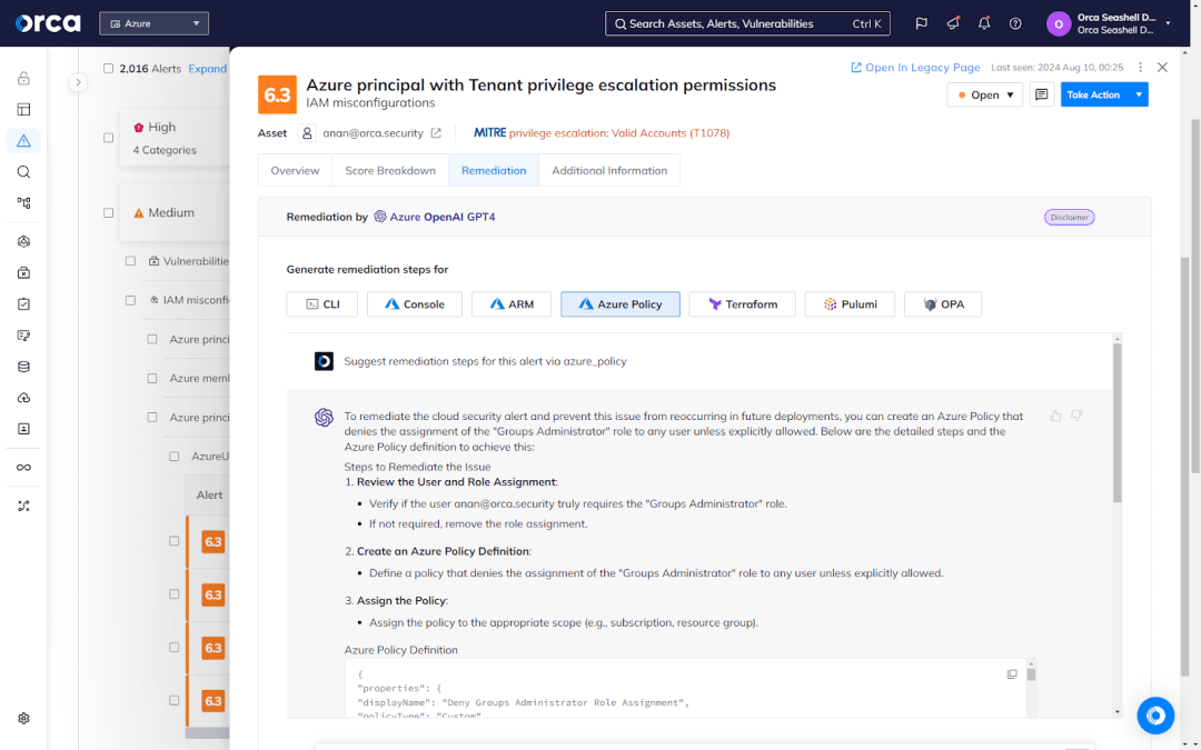 A screenshot of Orca’s AI-Driven Remediation generating suggested remediation steps for Azure Policy
