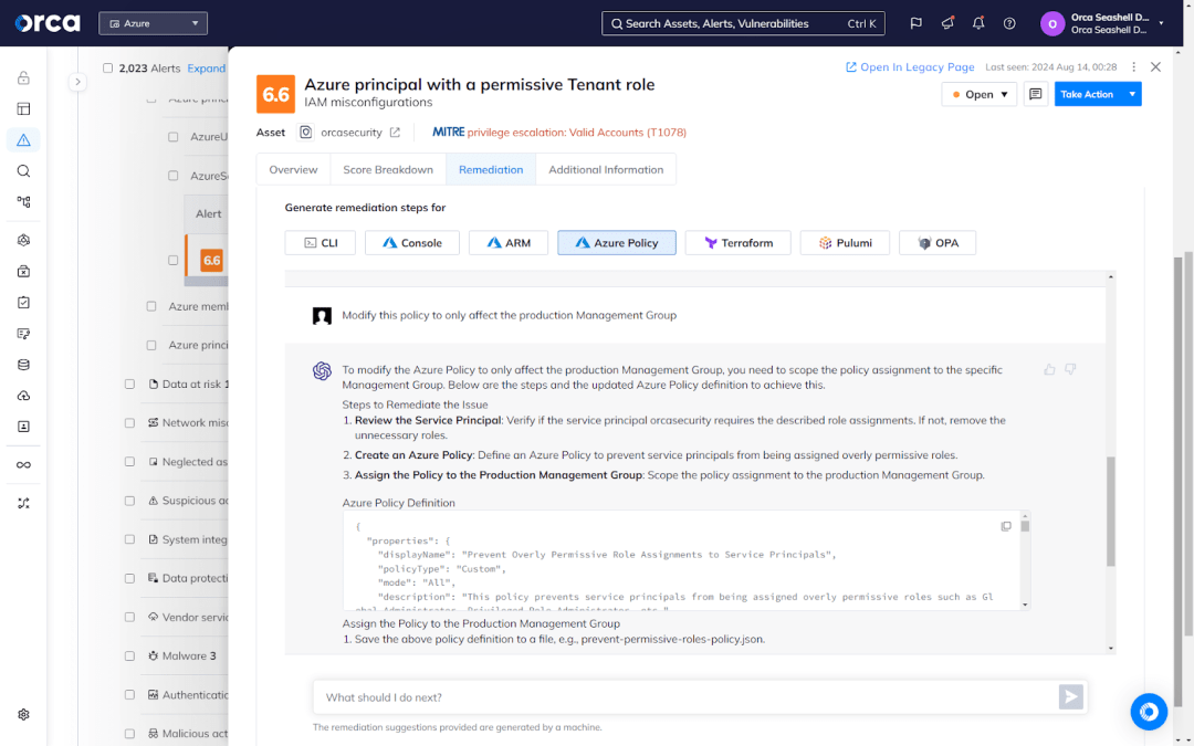 A screenshot of Orca’s dialog field allowing users to submit prompts or questions in plain language to customize or better understand newly generated policies