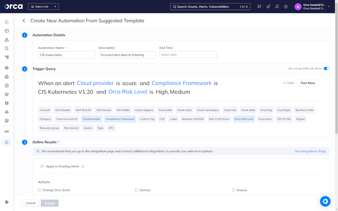 A screenshot of Orca's Platform and how it enables a set up of automated workflows for completing tasks that reinforce Kubernetes Security