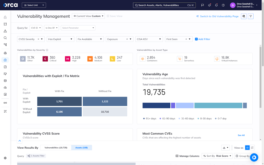A screenshot of Orca’s Vulnerability Management solution providing full visibility into vulnerabilities in Kubernetes components and cloud environments