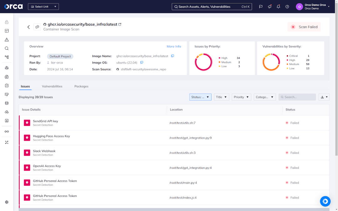 A screenshot of Orca's Platform scanning container images, IaC code, and source code as part of its Shift Left Security solution