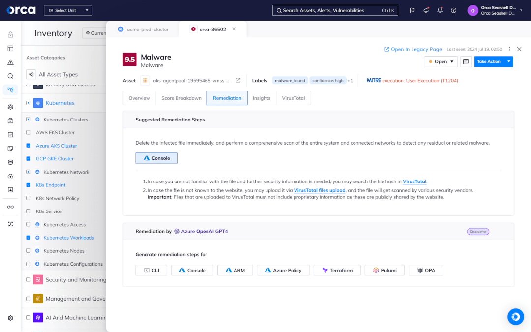A screenshot of Orca's Platform providing multiple remediation options, including Orca-generated recommended instructions, auto-remediation, and AI-powered remediation