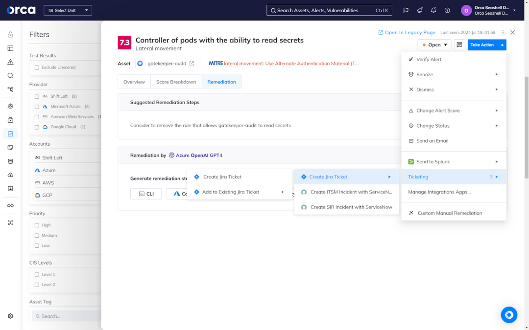 A screenshot of how Orca maintains two-way integrations with Jira and ServiceNow, allowing teams to easily delegate remediation tasks and collaborate across platforms and teams