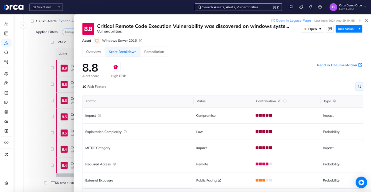 A screenshot of Orca's dashboard with risk score calculations