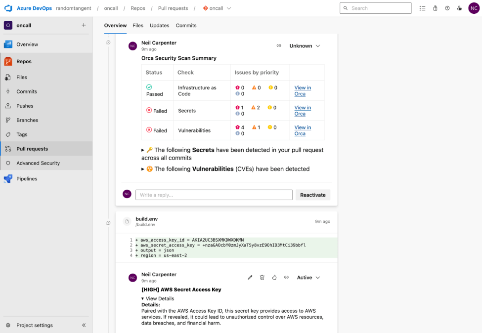 A pull request in Azure DevOps has failed due to a number of high severity issues. An AWS Secret Access Key is shown in build.env.