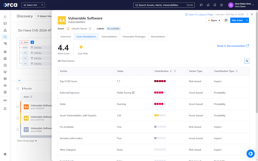 A screenshot of the Orca Platform analyzing vulnerabilities using multiple dynamic criteria