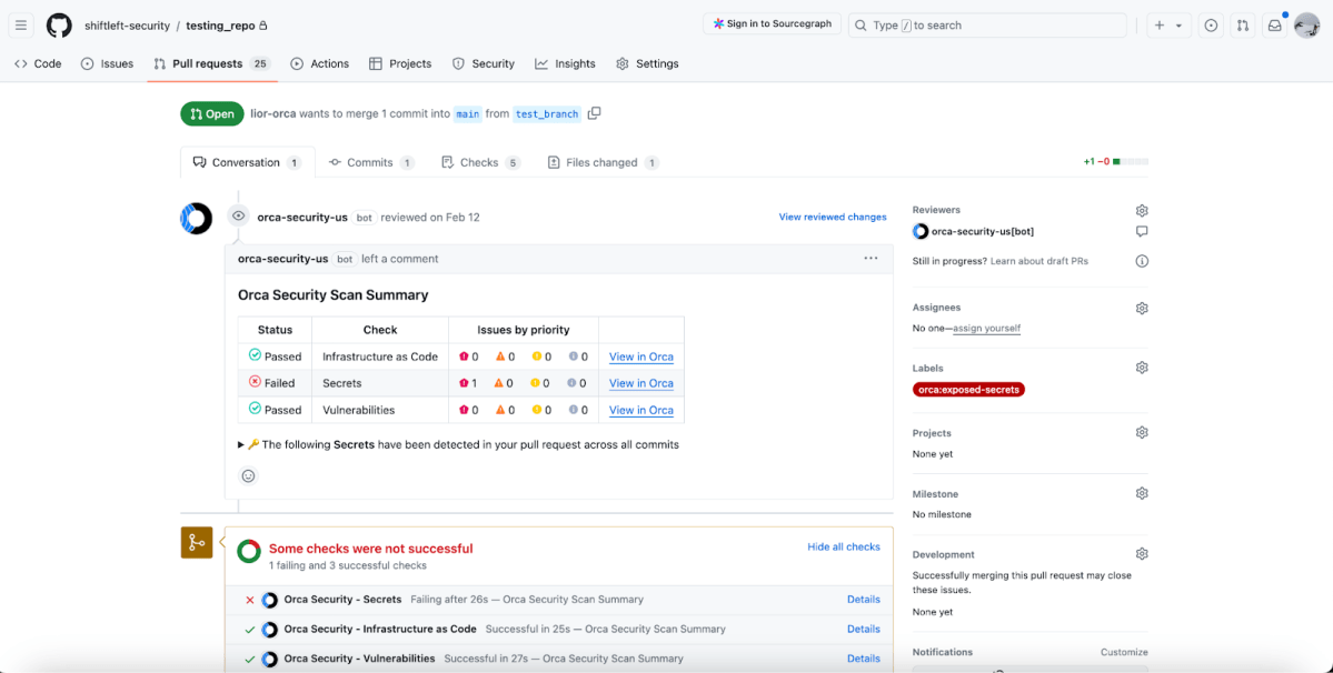 A screenshot of GitHub showing Orca scan results
