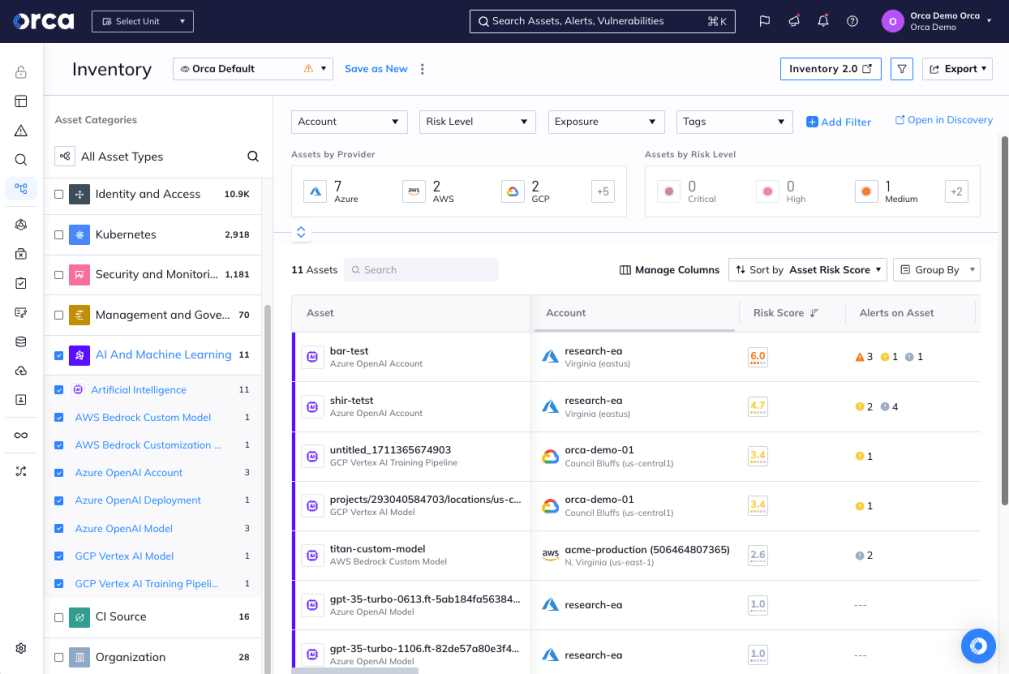 Orca's Inventory dashboard providing a complete inventory of all the AI models deployed in your cloud