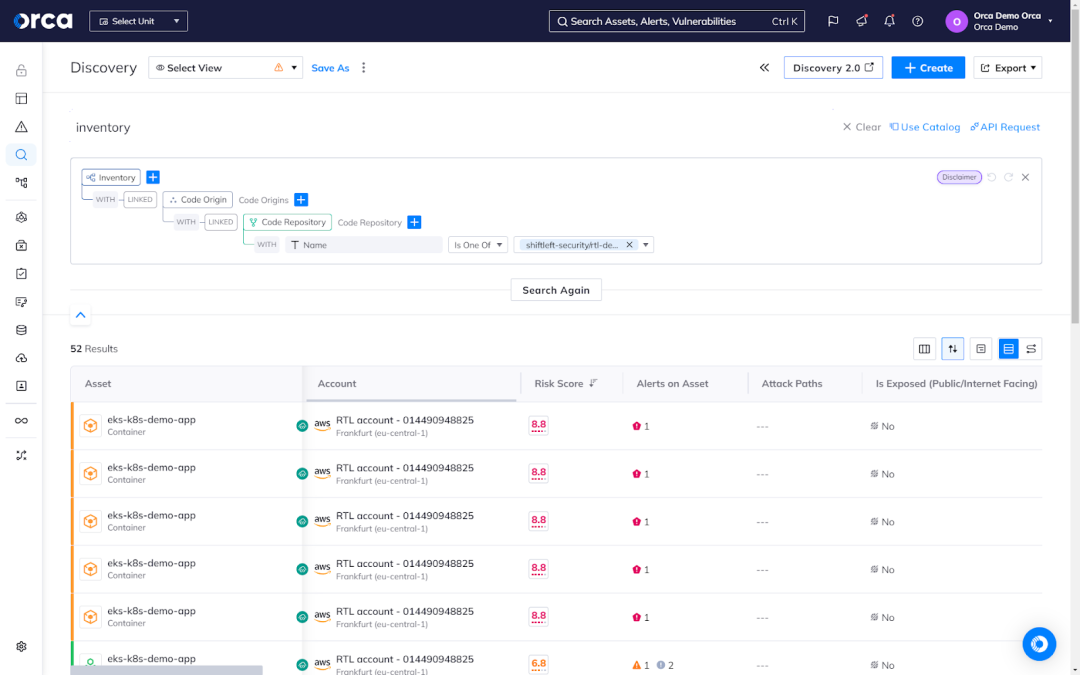 Orca's Discovery dashboard enabling teams to search for assets originating from a specific code repository