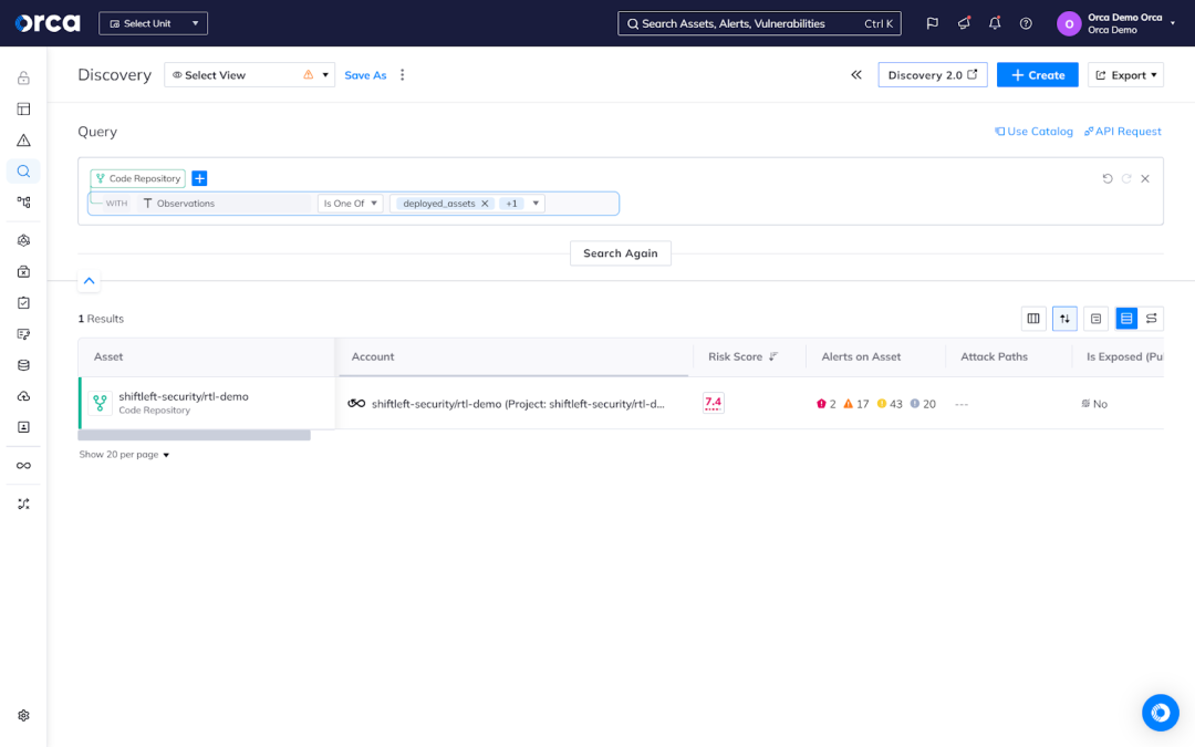 Orca's Discovery dashboard allowing security teams to search for code repositories with deployed assets that contain sensitive data or are publicly accessible