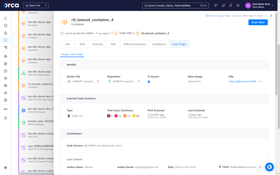 Orca's dashboard displaying relevant information about an asset’s code origin