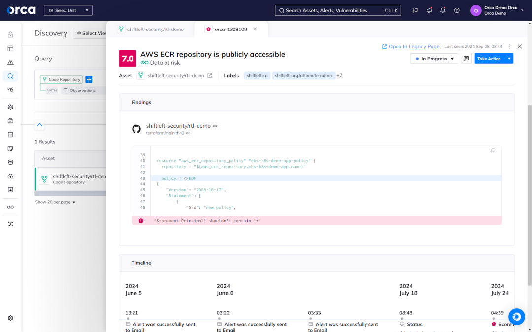 Orca's dashboard displaying alert trace runtime risks directly to the source, including a flawed line of code