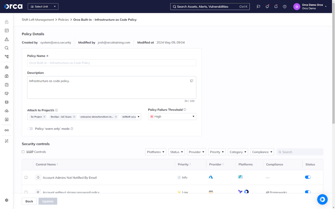 Orca’s Shift Left Security enabling teams to set and tailor security policies to automatically detect issues in Infrastructure as Code