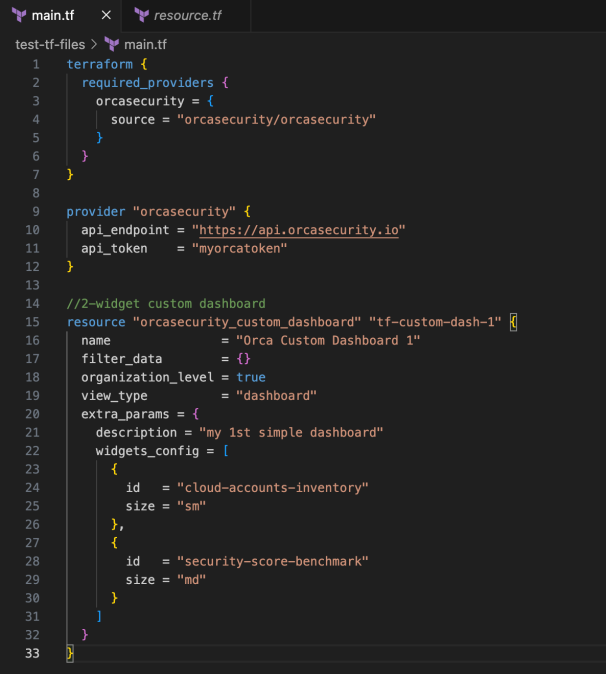 Screenshot displaying Terraform's code that declares a custom Orca dashboard configuration