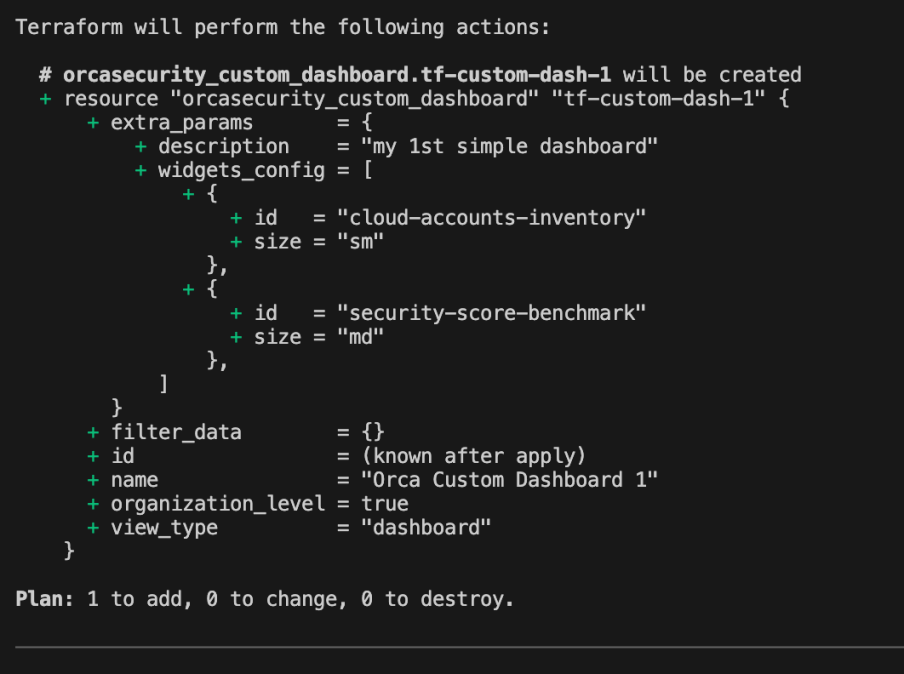 Screenshot of Terraform's plan that shows what Orca resource will be created and how it will be configured