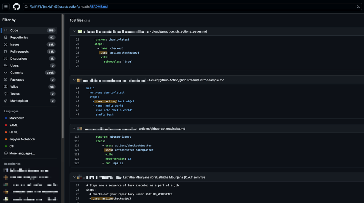 A screenshot of a GitHub Action setup for "uses:action/checkout"